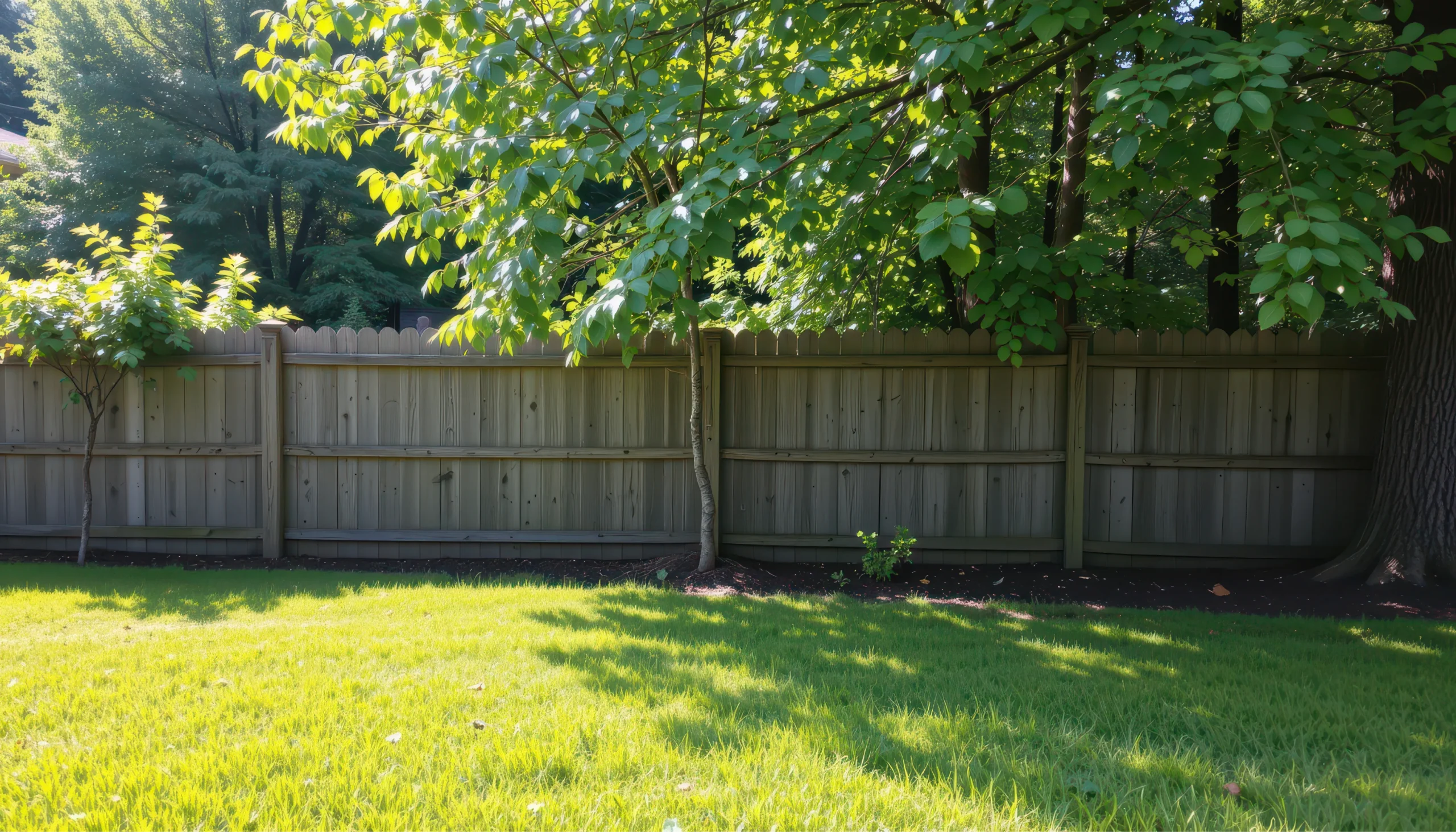 rustic fence in backyard with planted trees sunlight streaming through leaves shadows falling gently on lush green lawn fully free photo 1